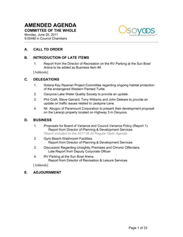 AMENDED AGENDA COMMITTEE of the WHOLE Monday, June 20, 2011 9:00AM in Council Chambers