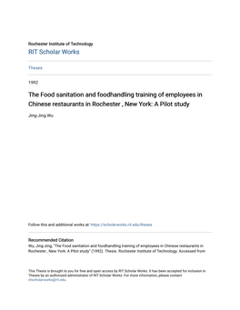 The Food Sanitation and Foodhandling Training of Employees in Chinese Restaurants in Rochester , New York: a Pilot Study