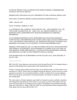 National Press Club Luncheon with Mark Everson, Commissioner, Internal Revenue Service