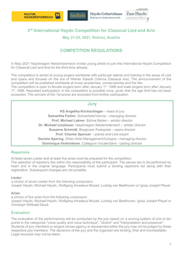 3Rd International Haydn Competition for Classical Lied and Aria May 21-23, 2021, Rohrau, Austria