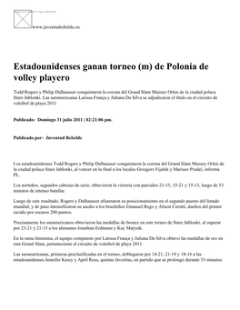Estadounidenses Ganan Torneo (M) De Polonia De Volley Playero