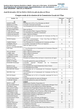 Compte-Rendu De La Réunion De La Commission Locale De L'eau