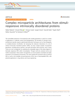 Complex Microparticle Architectures from Stimuli-Responsive Intrinsically Disordered Proteins