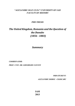 The United Kingdom, Romania and the Question of the Danube (1856 - 1883)