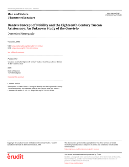 Dante's Concept of Nobility and the Eighteenth-Century Tuscan Aristocracy: an Unknown Study of the Convivio Domenico Pietropaolo