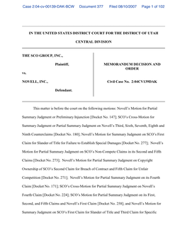 Case 2:04-Cv-00139-DAK-BCW Document 377 Filed 08/10/2007 Page 1 of 102