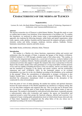 Characteristics of the Medina of Tlemcen Walid HAMMA Received: 15 June 2017 • Revised: 22 July 2017 • Accepted: 24 August 2017