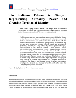 The Balinese Palaces in Gianyar: Representing Authority Power and Creating Territorial Identity
