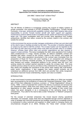 Value Co-Creation in a UK Defence Availability Contract: Opportunities from Multiple Client Perspectives and Diverse Cultures