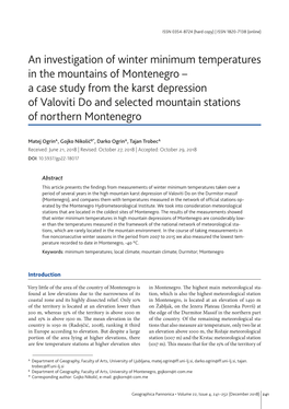 An Investigation of Winter Minimum Temperatures in the Mountains Of