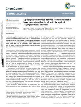 Lipopeptidomimetics Derived from Teixobactin Have Potent Antibacterial Activity Against Staphylococcus Aureus