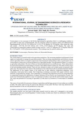 UPGRADATION of SALINE SOIL by PHERETIMA SPECIES of LAKHUWALI HEAD HANUMANGARH, RAJASTHAN, INDIA Jaswant Singh*, H.K