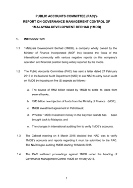 PUBLIC ACCOUNTS COMMITTEE (PAC)'S REPORT on GOVERNANCE MANAGEMENT CONTROL of 1MALAYSIA DEVELOPMENT BERHAD (1MDB)