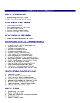 List of Central Government Companies MINISTRY of AGRICULTURE 1. National Seeds Corporation Limited. 2. State Farms Corpora