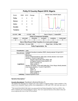Polity IV Country Report 2010: Nigeria
