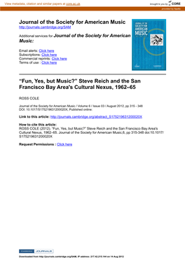Steve Reich and the San Francisco Bay Area's Cultural Nexus, 1962–65