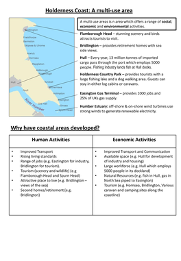 Holderness Coast: a Multi-Use Area Why Have Coastal Areas Developed?