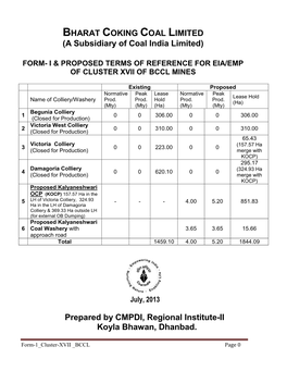 (A Subsidiary of Coal India Limited) FORM- I & PROPOSED TERMS of REFERENCE for EIA/EMP of CLUSTER XVII of BCCL MINES