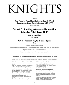 Cricket & Sporting Memorabilia Auction Saturday 18Th June 2011