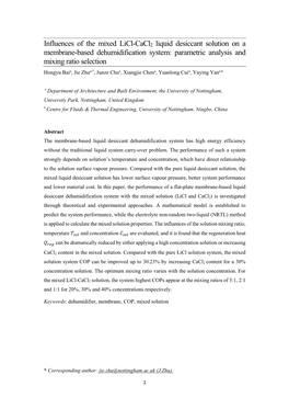 Influences of the Mixed Licl-Cacl2 Liquid Desiccant Solution On