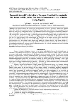 Productivity and Profitability of Cassava (Manihot Esculenta) in Ika South and Ika North East Local Government Areas of Delta State, Nigeria