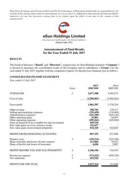 Announcement of Final Results for the Year Ended 31 July 2017