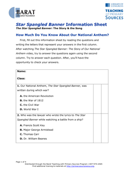 Star Spangled Banner Information Sheet the Star Spangled Banner: the Story & the Song