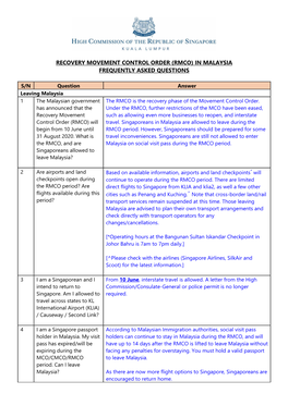 Recovery Movement Control Order (Rmco) in Malaysia Frequently Asked Questions