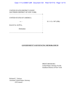 Government's Sentencing Memo in U.S. V. Gupta