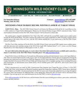 Minnesota Wild to Host 2022 Nhl Winter Classic® At