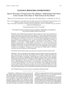 Diptera: Tephritoidea) from Hosts in the Cerrado of the State of Mato Grosso Do Sul, Brazil
