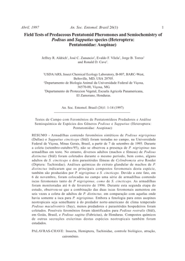 Field Tests of Predaceous Pentatomid Pheromones and Semiochemistry of Podisus and Supputius Species (Heteroptera: Pentatomidae: Asopinae)