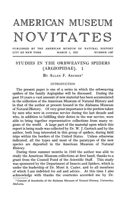 Nov Itate S Published by the American Museum of Natural History City of New York March 1, 1951 Number 1487