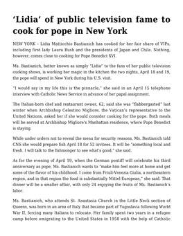 'Lidia' of Public Television Fame to Cook for Pope in New York