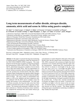 Long Term Measurements of Sulfur Dioxide, Nitrogen Dioxide, Ammonia, Nitric Acid and Ozone in Africa Using Passive Samplers