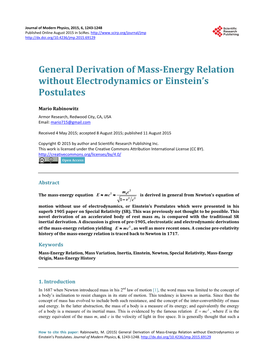 General Derivation of Mass-Energy Relation Without Electrodynamics Or Einstein’S Postulates