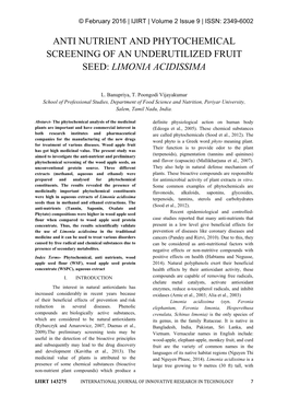 Anti Nutrient and Phytochemical Screening of an Underutilized Fruit Seed: Limonia Acidissima