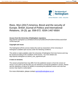 America, Brexit and the Security of Europe. British Journal of Politics and International Relations, 19 (3)