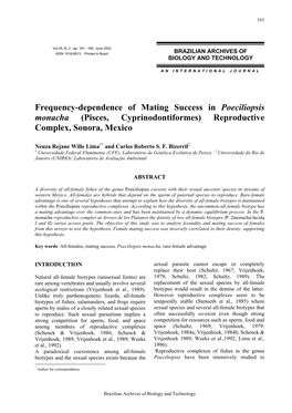 Frequency-Dependence of Mating Success in Poeciliopsis Monacha (Pisces, Cyprinodontiformes) Reproductive Complex, Sonora, Mexico