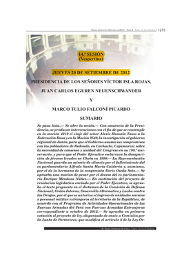 Jueves 20 De Setiembre De 2012 Presidencia De Los Señores Víctor Isla Rojas, Juan Carlos Eguren Neuenschwander