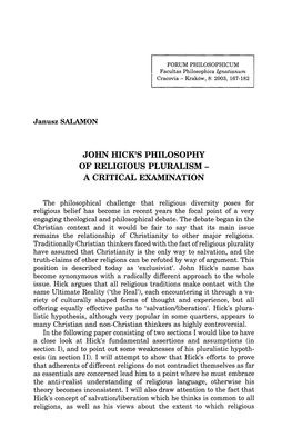 John Hick's Philosophy of Religious Pluralism - a Critical Examination