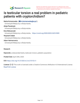 Is Testicular Torsion a Real Problem in Pediatric Patients with Cryptorchidism?