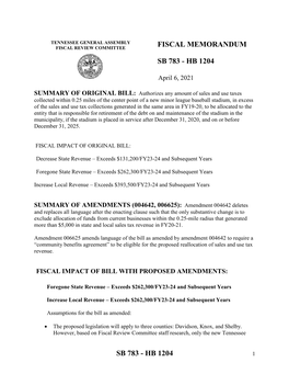 Hb 1204 Fiscal Memorandum Sb