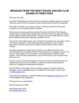 Message from the West Rouge Soccer Club Board of Directors