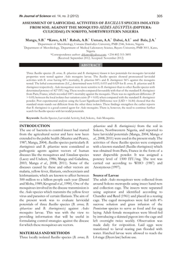 Assessment of Larvicidal Activities of Bacillus Species Isolated from Soil Against the Mosquito Aedes Aegyptia (Diptera: Culicidae) in Sokoto, Northwestern Nigeria