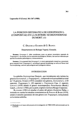 La Posicion Sistematica De Geropogon L. (Compositae) En La Subtribu Scorzonerinae Dumort