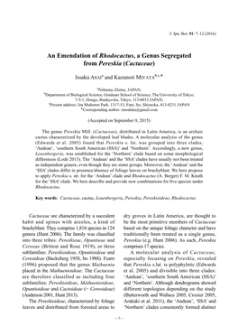 An Emendation of Rhodocactus, a Genus Segregated from Pereskia (Cactaceae)