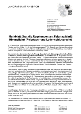 Merkblatt Über Die Regelungen Am Feiertag Mariä Himmelfahrt (Feiertags- Und Ladenschlussrecht)