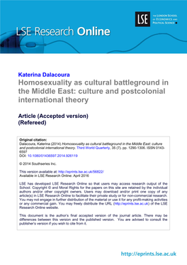 Homosexuality As Cultural Battleground in the Middle East: Culture and Postcolonial International Theory