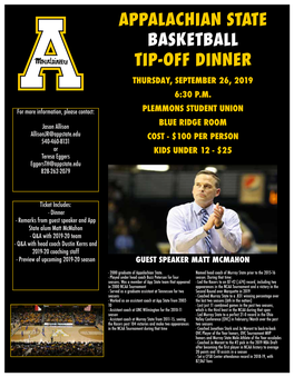 Appalachian State Basketball Tip-Off Dinner Thursday, September 26, 2019 6:30 P.M